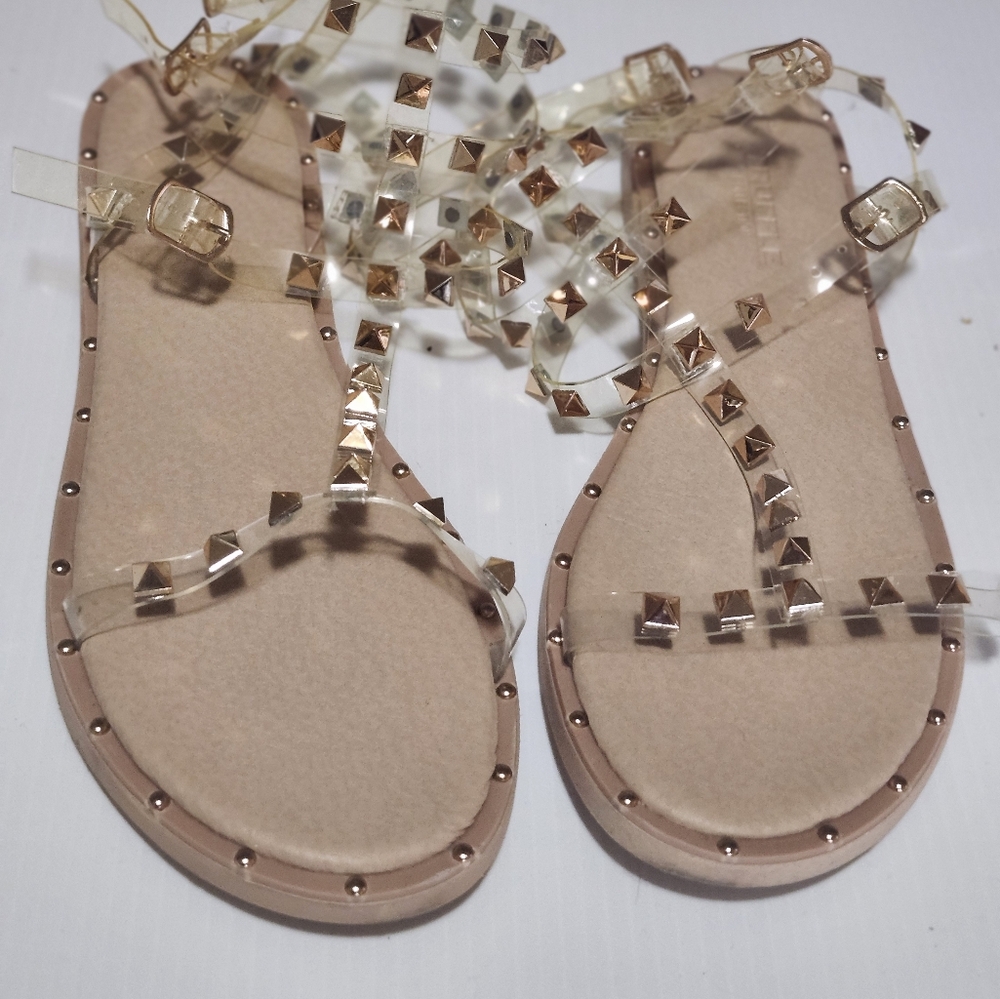 Tan Thong Sandals with Studded Straps
